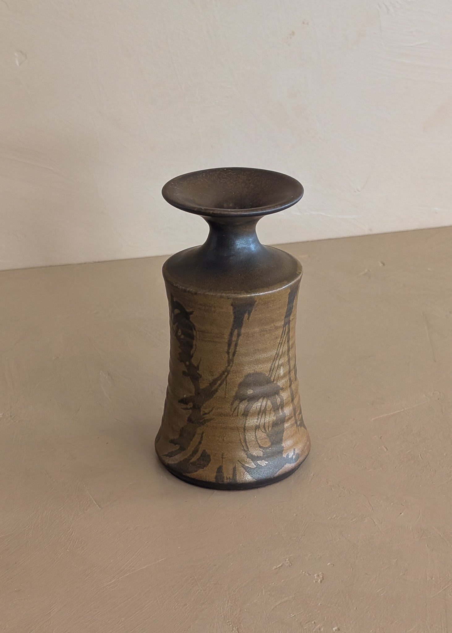 Vintage Midcentury Neutral Brown Stoneware Designs West Pottery Vase with Freeform Detailing
