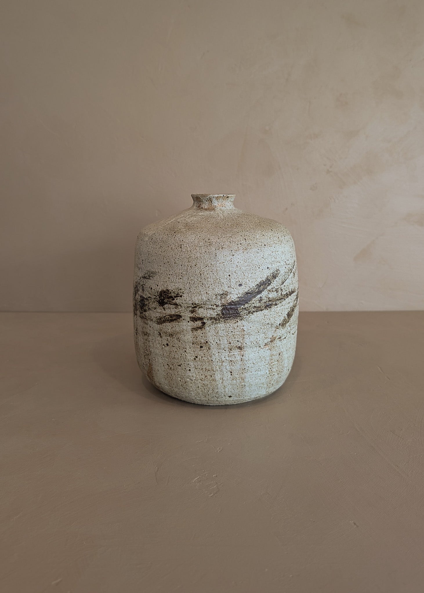 Heavy Vintage 1974 Signed Neutral Studio Pottery Vase with Freeform Organic Detailing