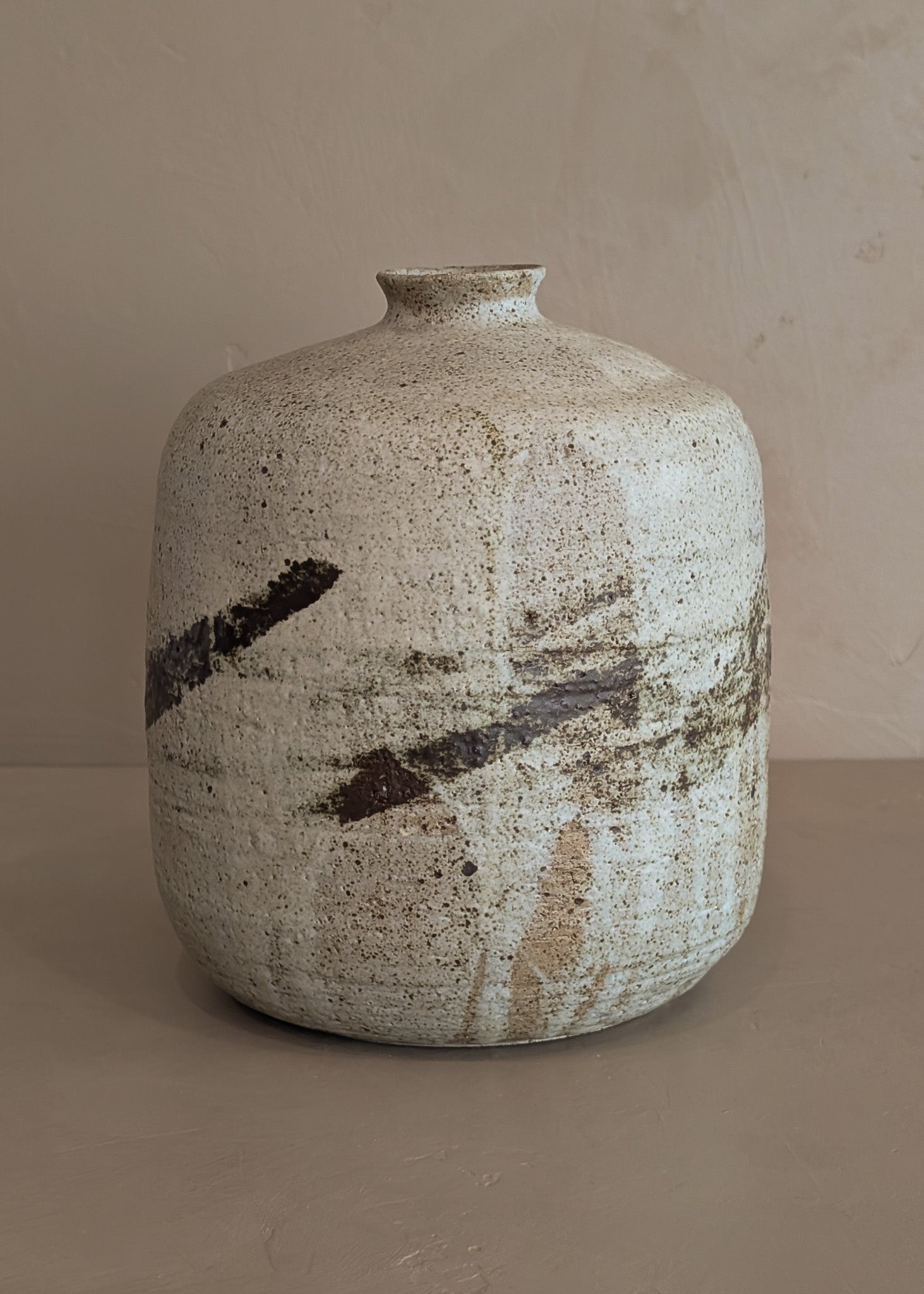 Heavy Vintage 1974 Signed Neutral Studio Pottery Vase with Freeform Organic Detailing