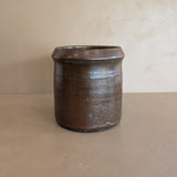 Antique Dark Brown Salt-Glazed Pottery Crock with Lip
