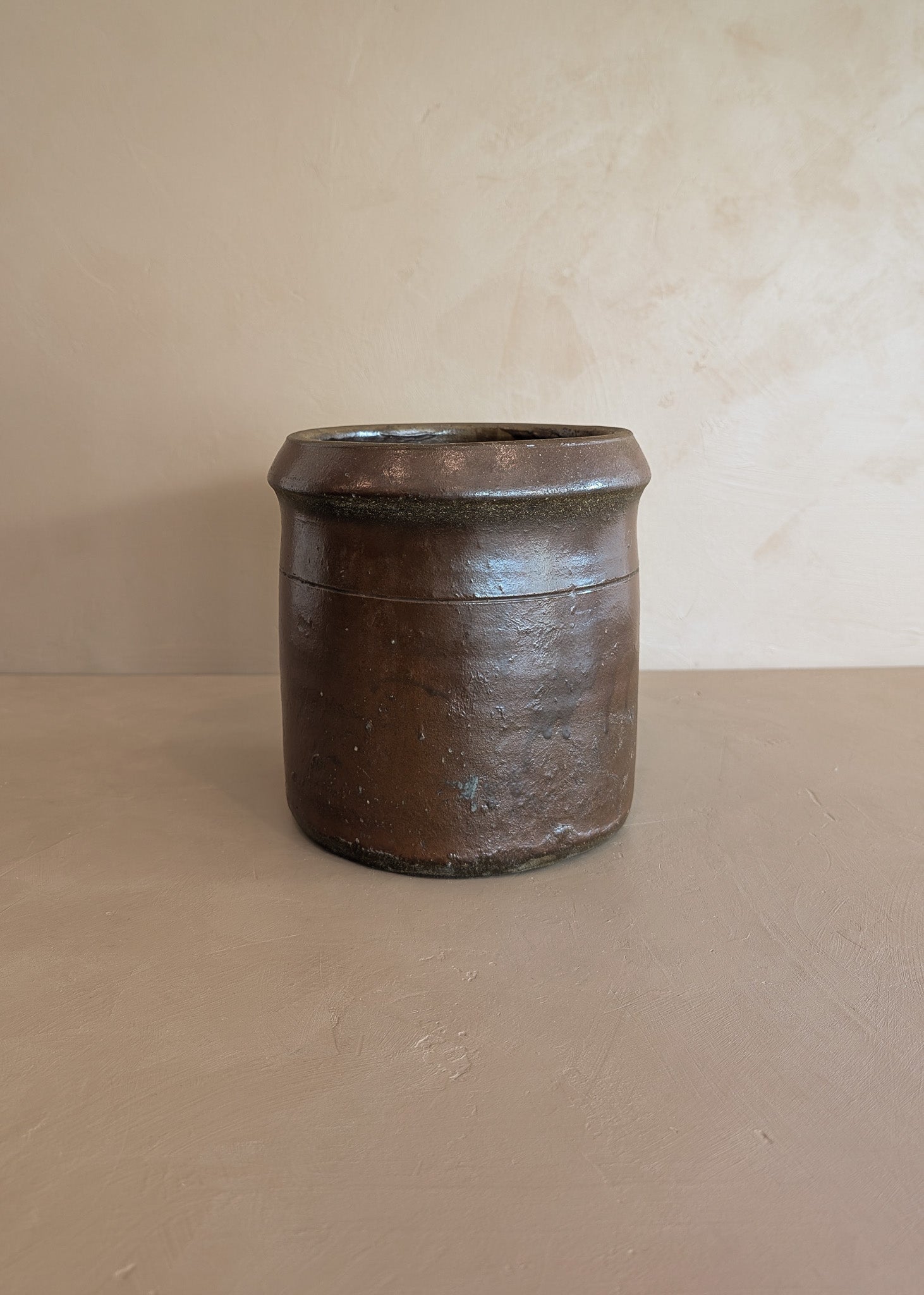 Antique Dark Brown Salt-Glazed Pottery Crock with Lip