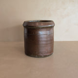 Antique Dark Brown Salt-Glazed Pottery Crock with Lip