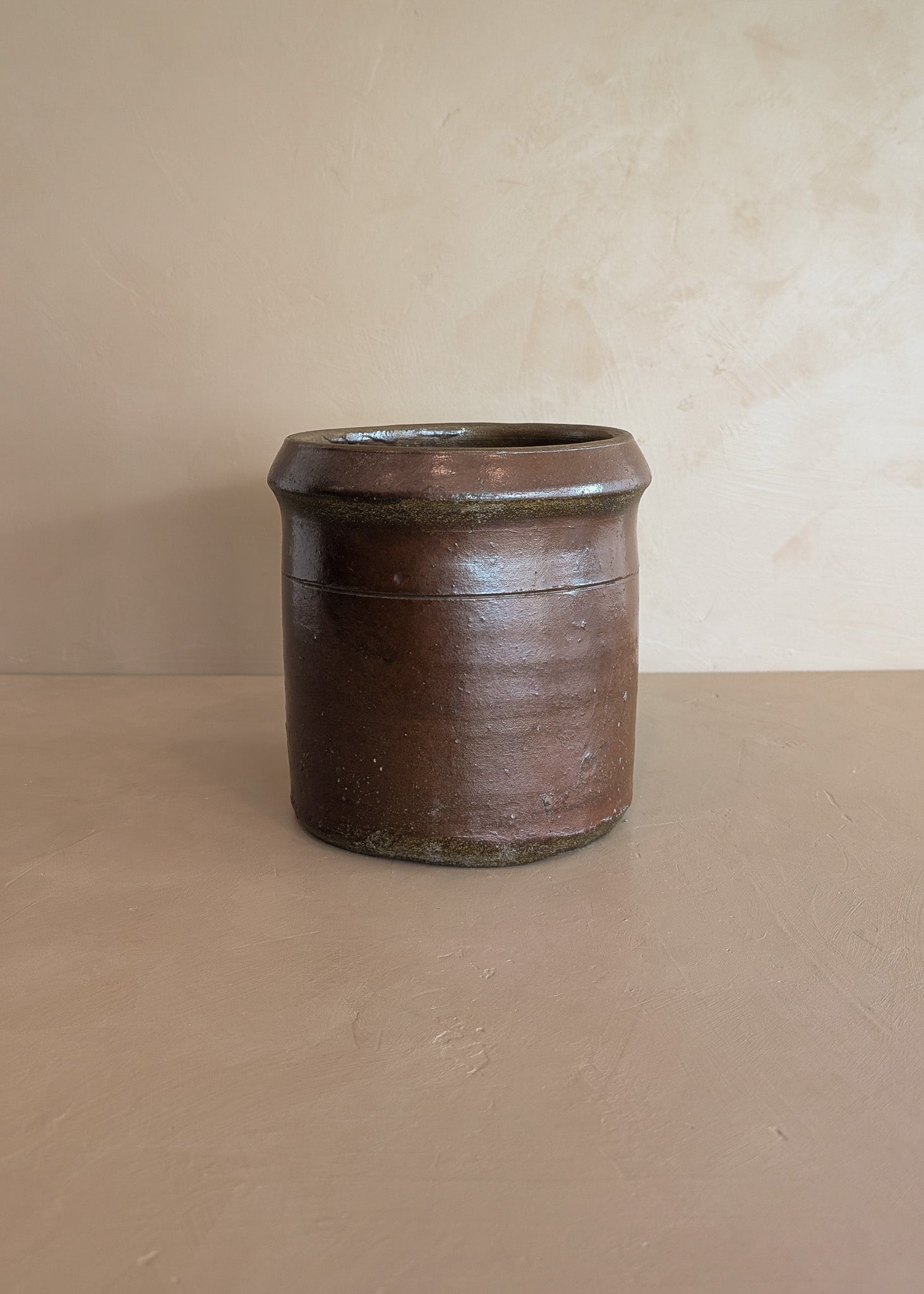 Antique Dark Brown Salt-Glazed Pottery Crock with Lip
