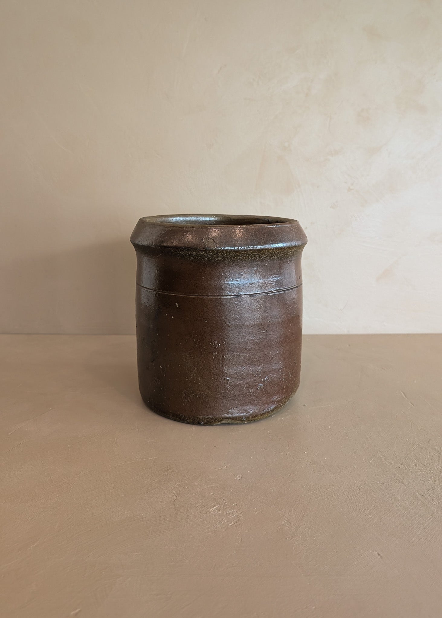 Antique Dark Brown Salt-Glazed Pottery Crock with Lip