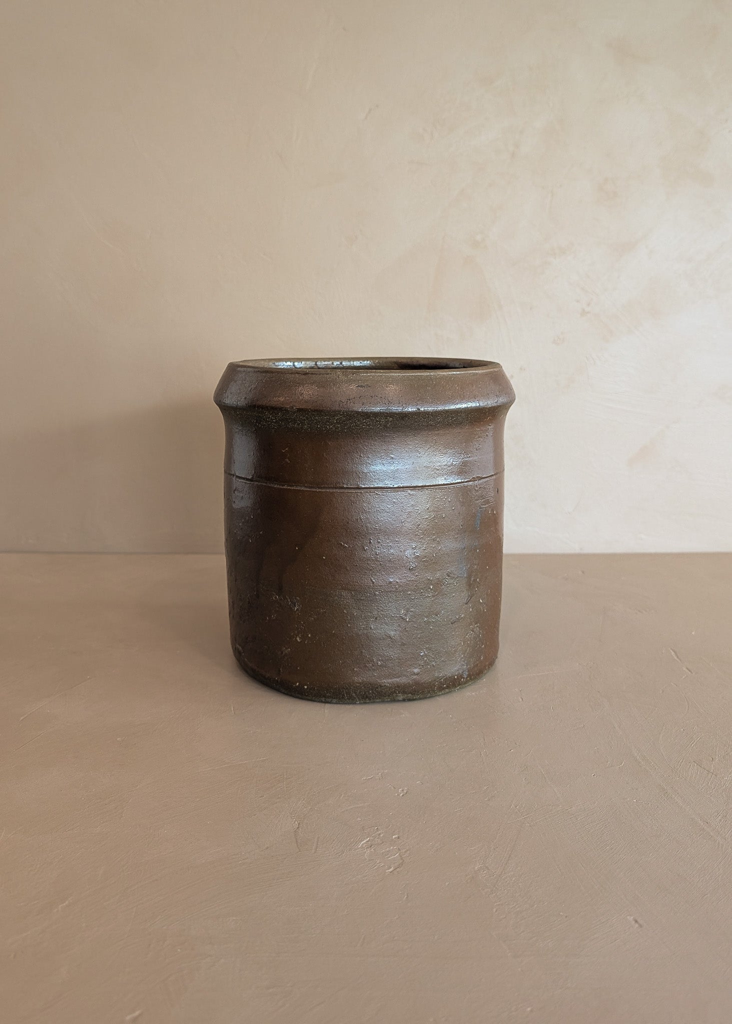 Antique Dark Brown Salt-Glazed Pottery Crock with Lip