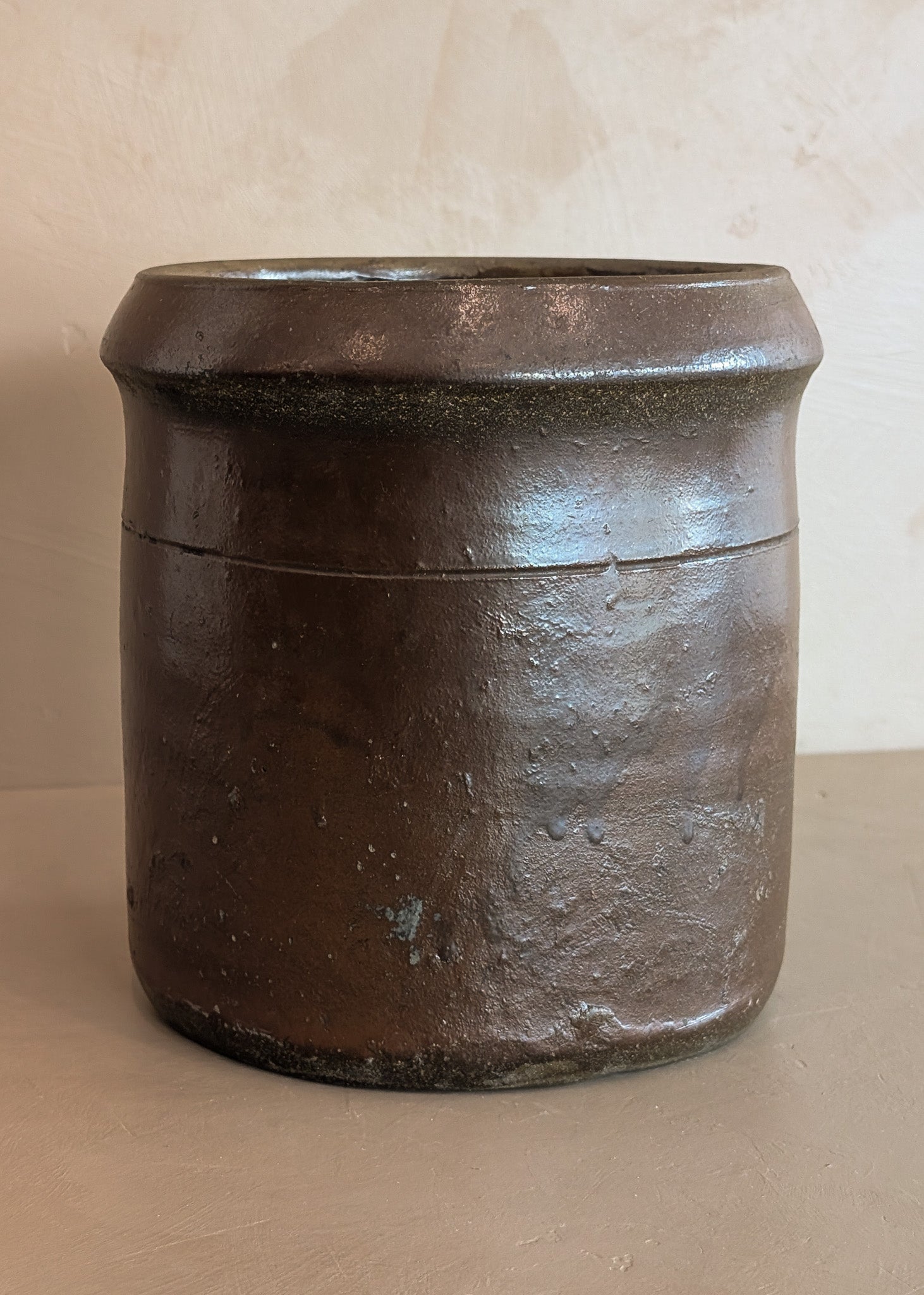 Antique Dark Brown Salt-Glazed Pottery Crock with Lip