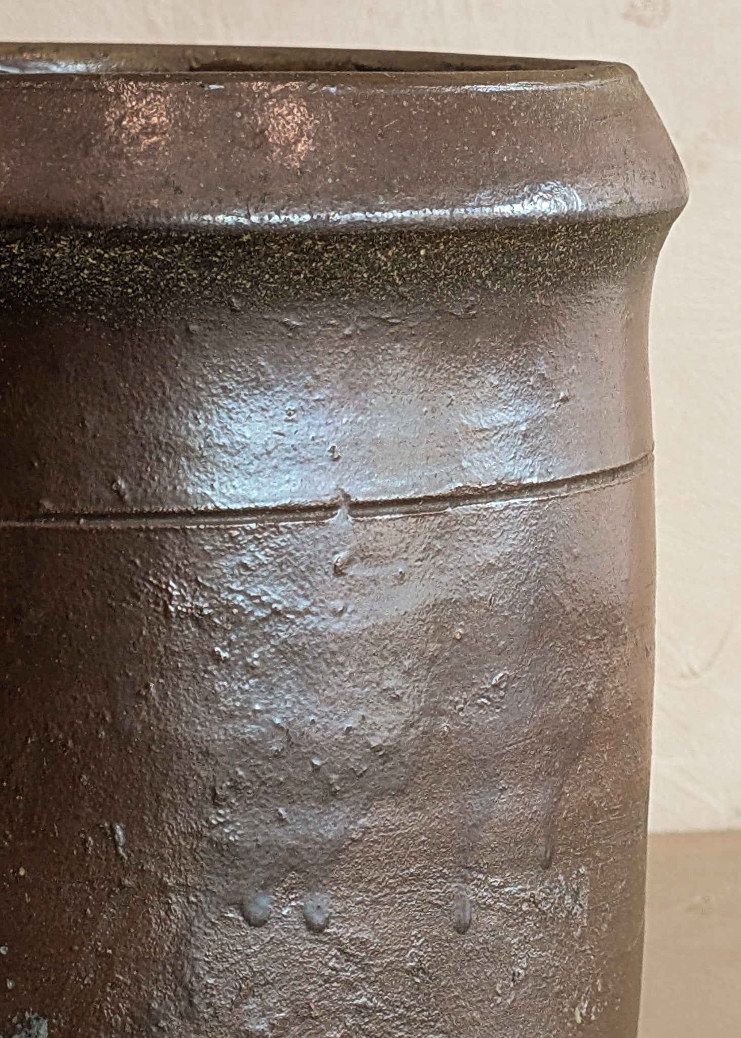 Antique Dark Brown Salt-Glazed Pottery Crock with Lip