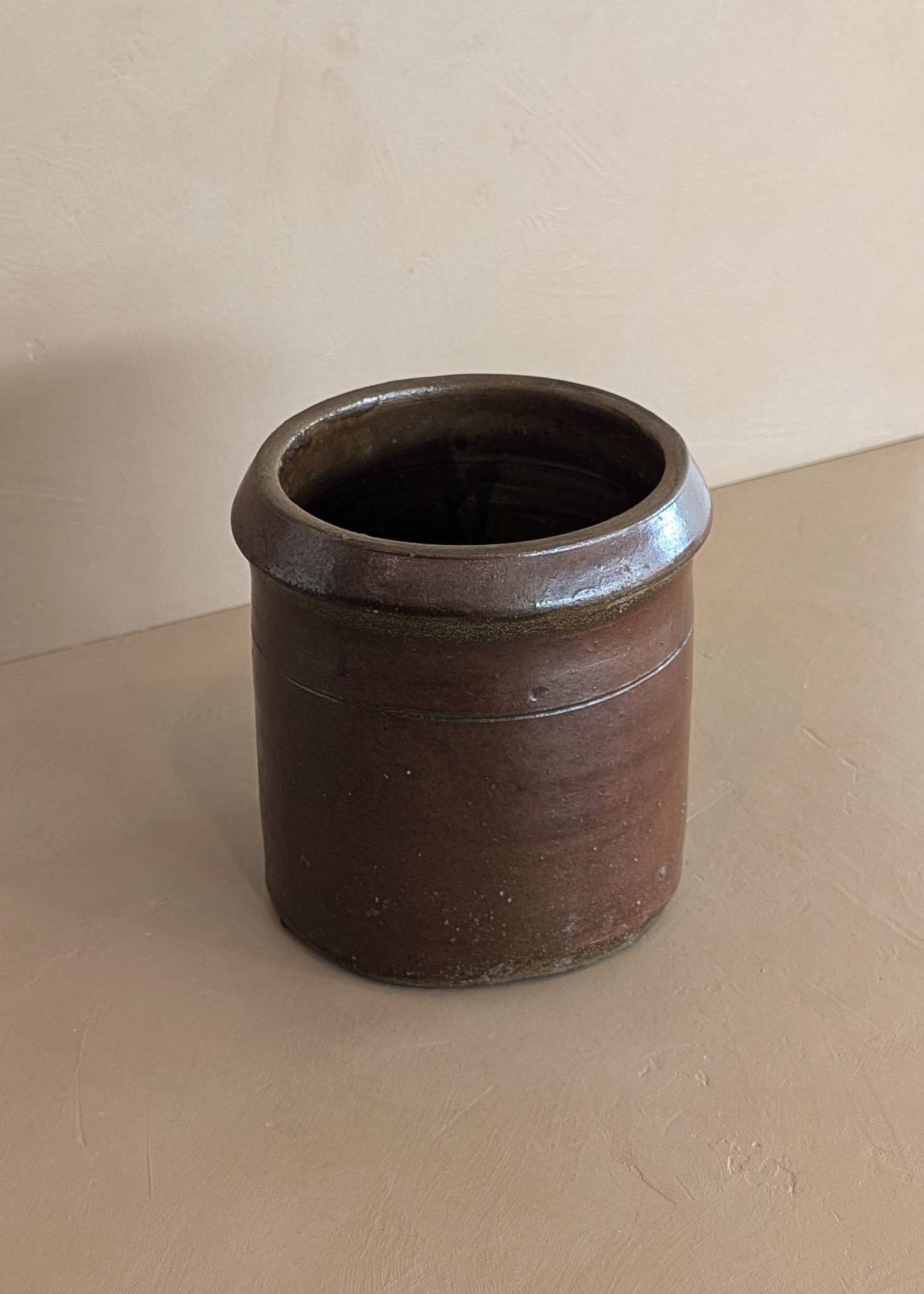 Antique Dark Brown Salt-Glazed Pottery Crock with Lip