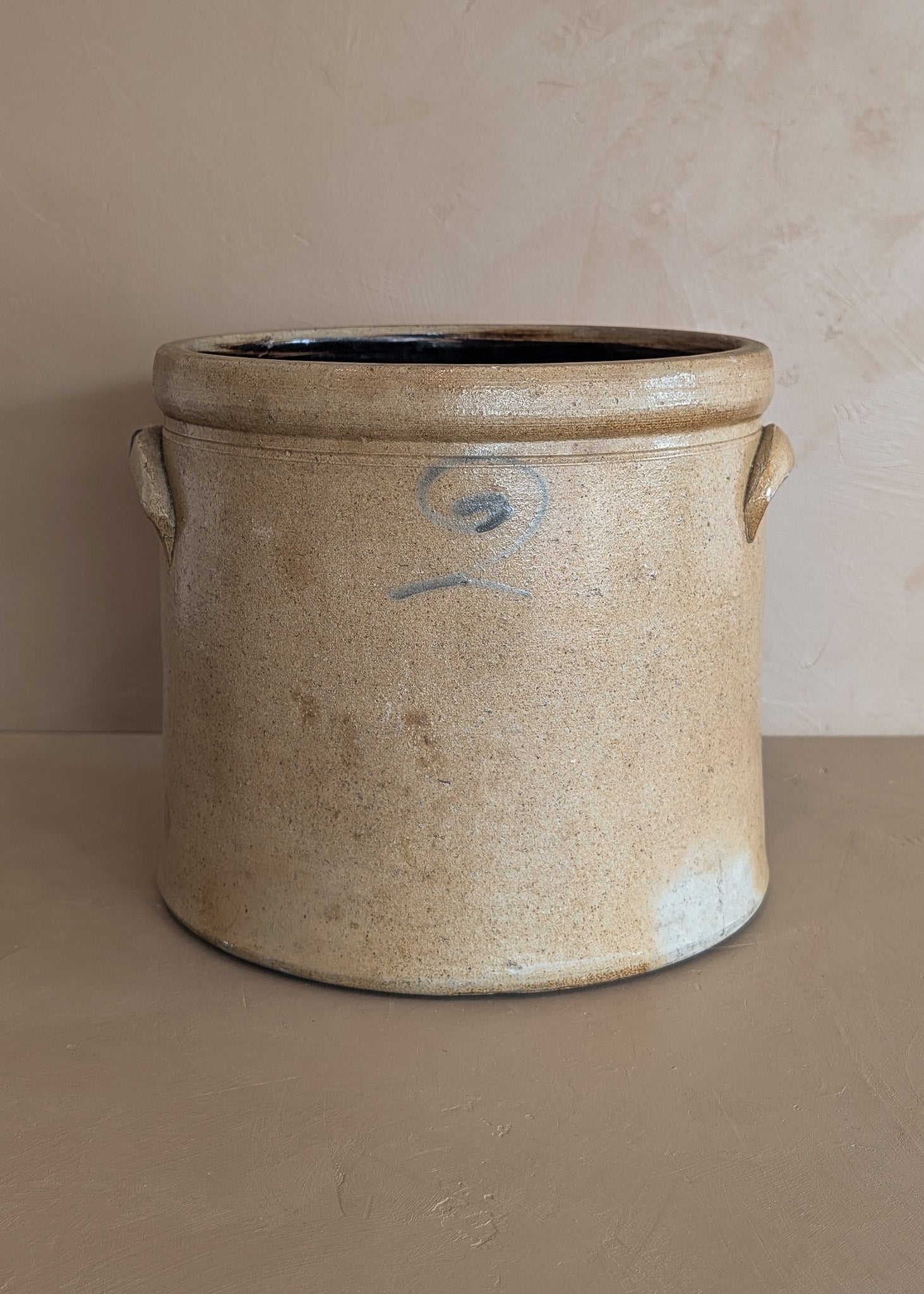Large Antique 2-Gallon Salt-Glazed Stoneware Pottery Crock with Handles