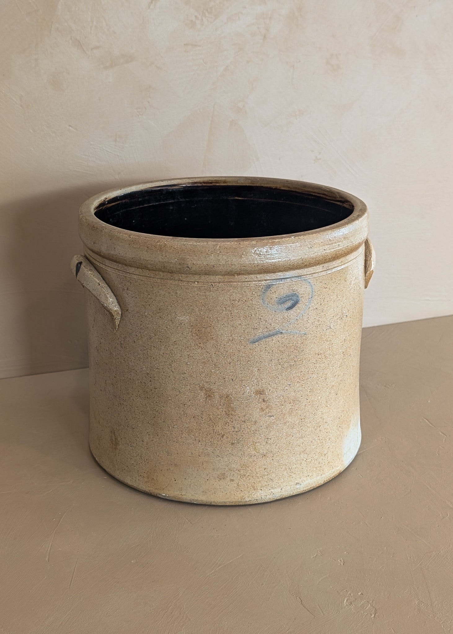 Large Antique 2-Gallon Salt-Glazed Stoneware Pottery Crock with Handles
