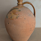 Vintage European Handled Jug Vessel with Green and Yellow Detailing