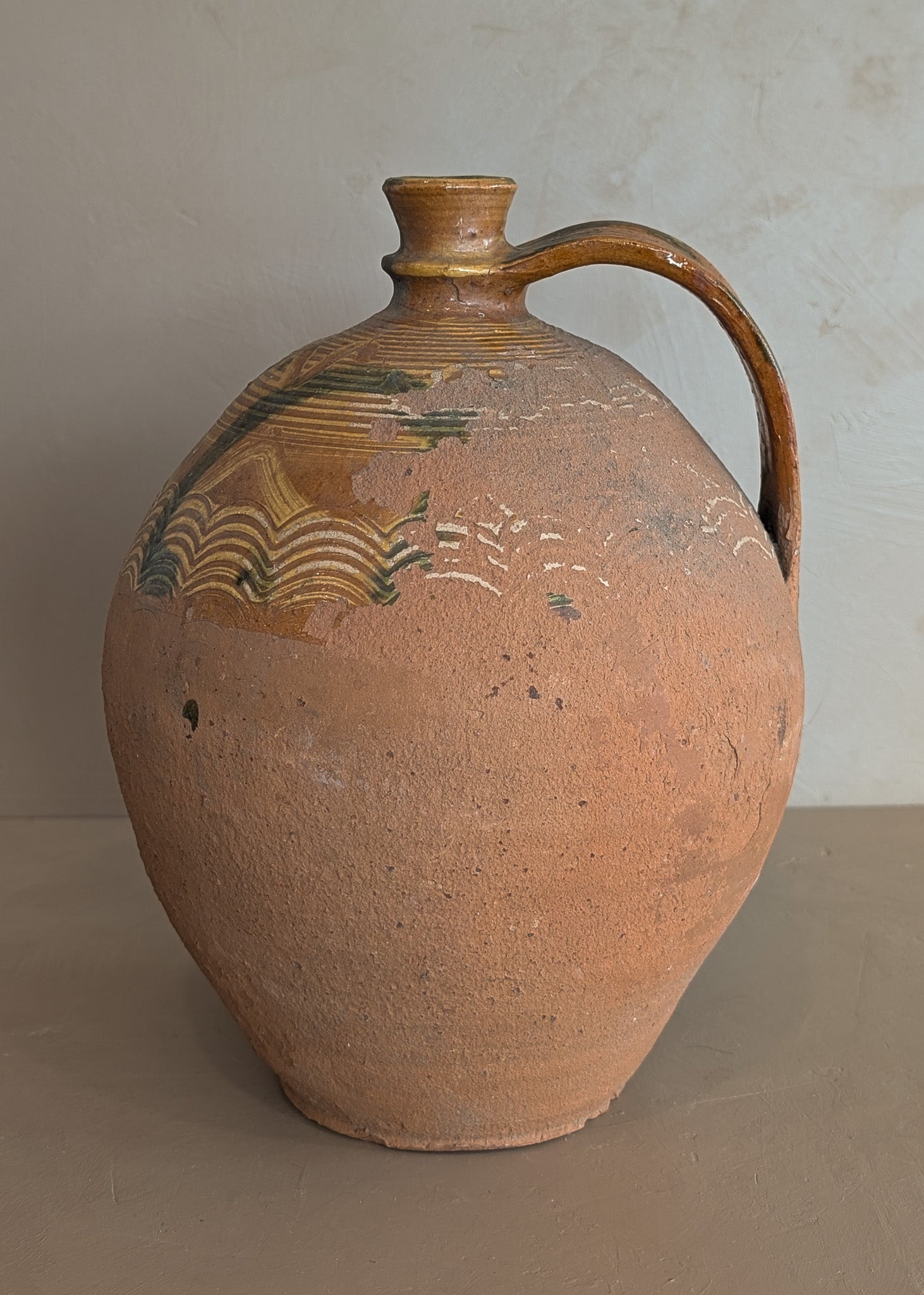 Vintage European Handled Jug Vessel with Green and Yellow Detailing