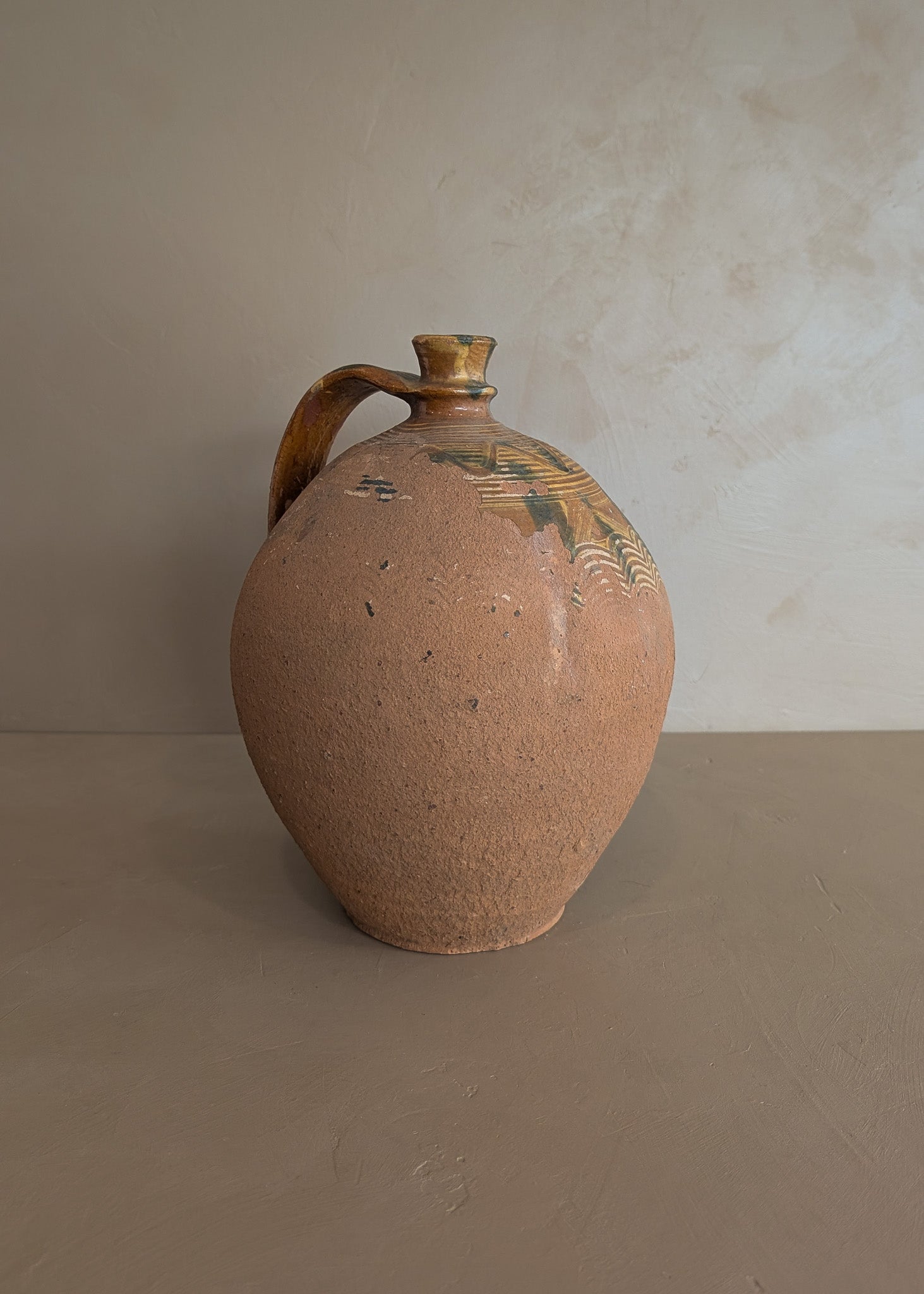 Vintage European Handled Jug Vessel with Green and Yellow Detailing