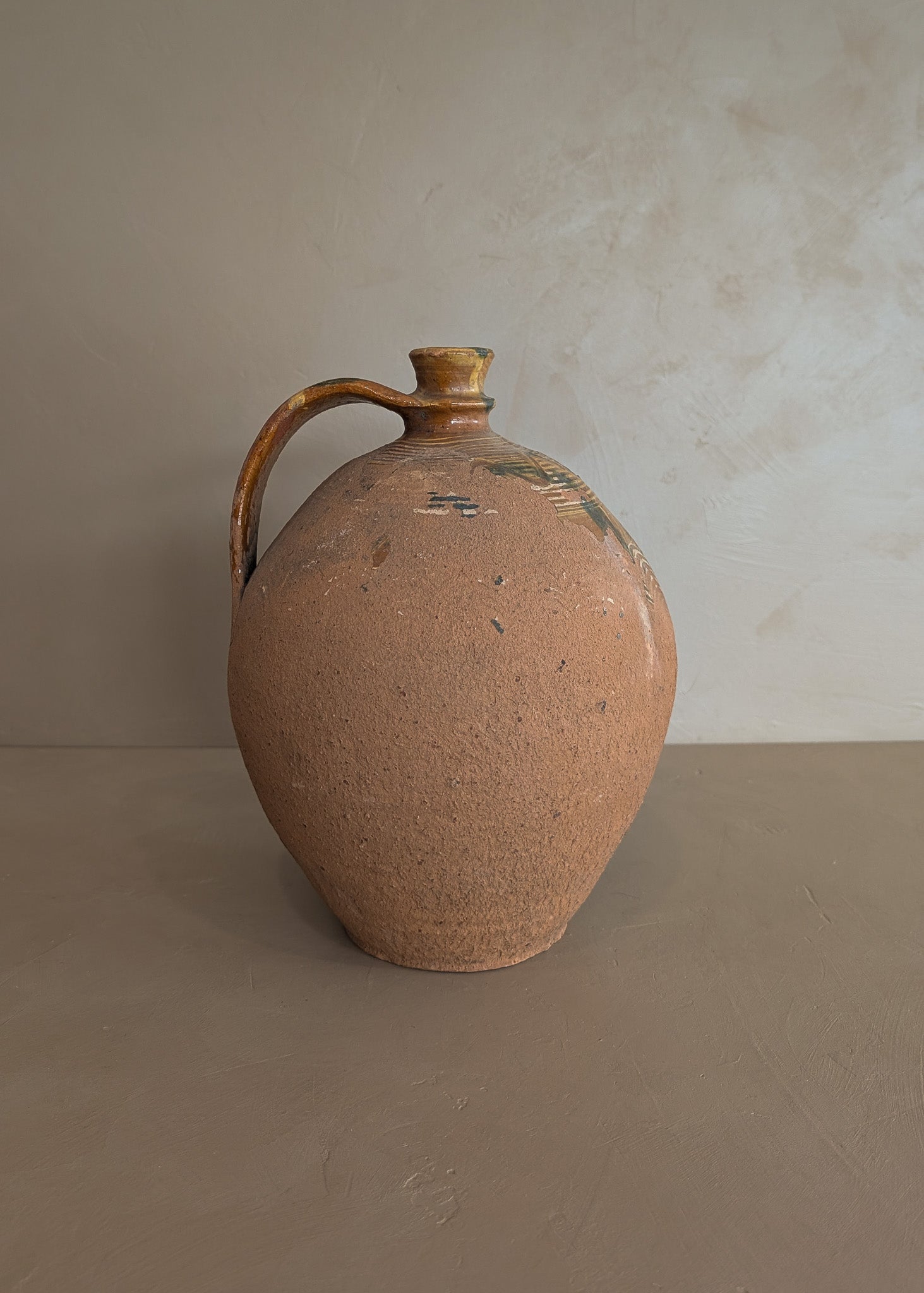 Vintage European Handled Jug Vessel with Green and Yellow Detailing