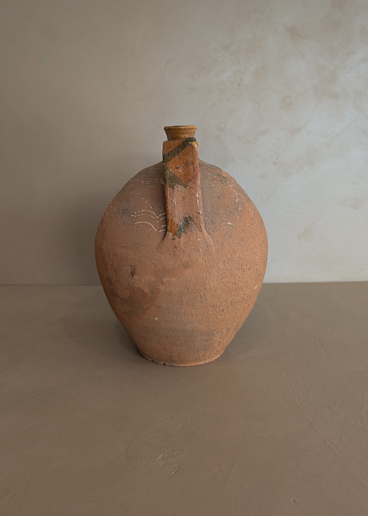 Vintage European Handled Jug Vessel with Green and Yellow Detailing