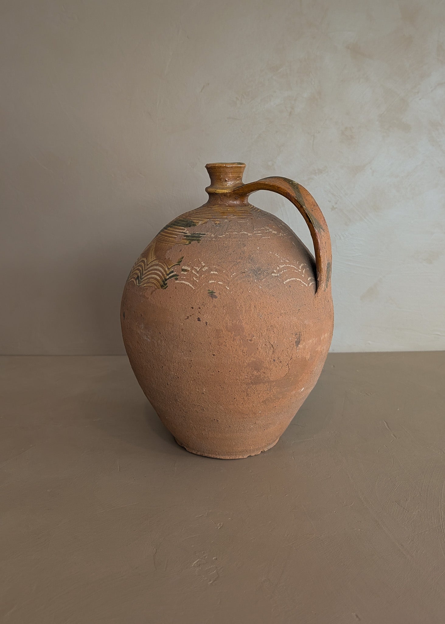 Vintage European Handled Jug Vessel with Green and Yellow Detailing