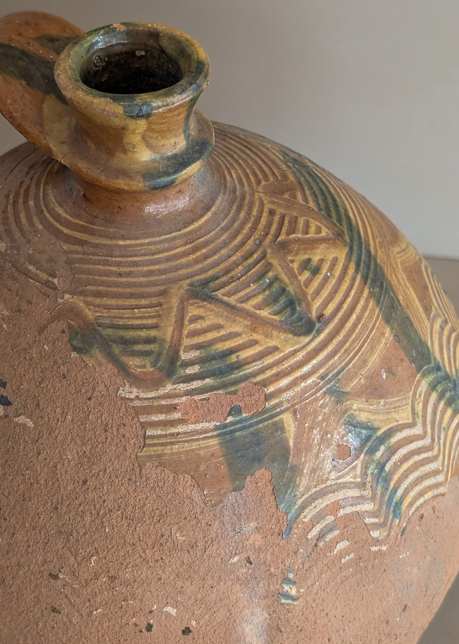 Vintage European Handled Jug Vessel with Green and Yellow Detailing