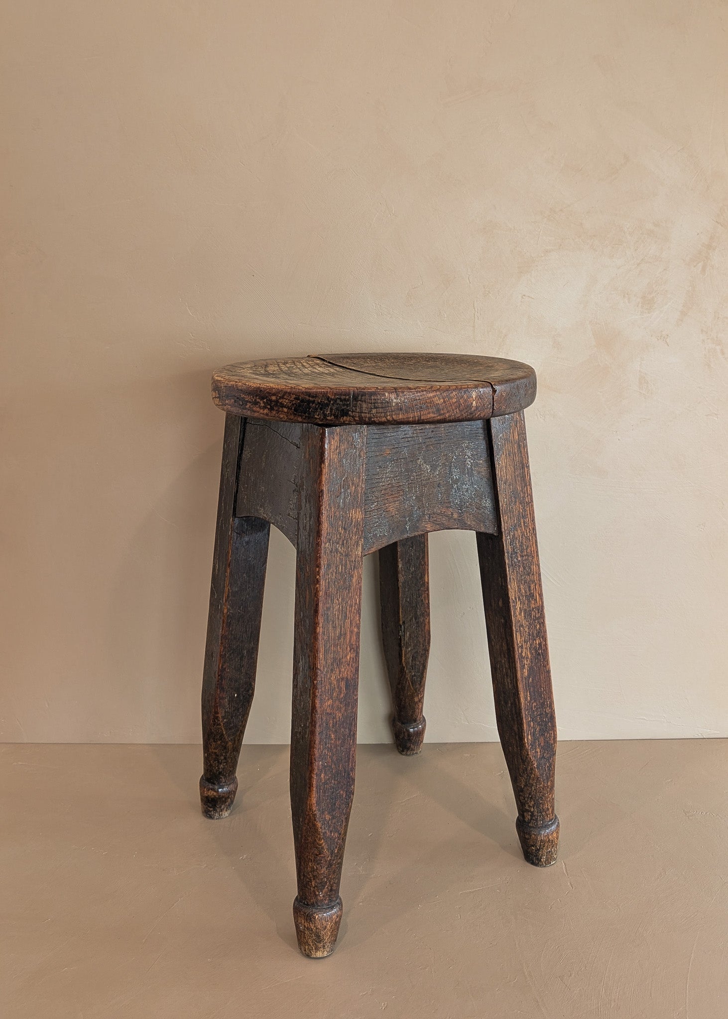 Heavily Patinated Antique Arts and Crafts Mission-Style Wooden Stool