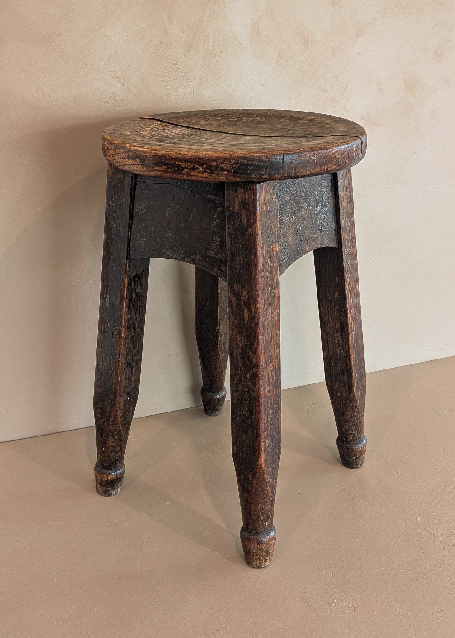 Heavily Patinated Antique Arts and Crafts Mission-Style Wooden Stool