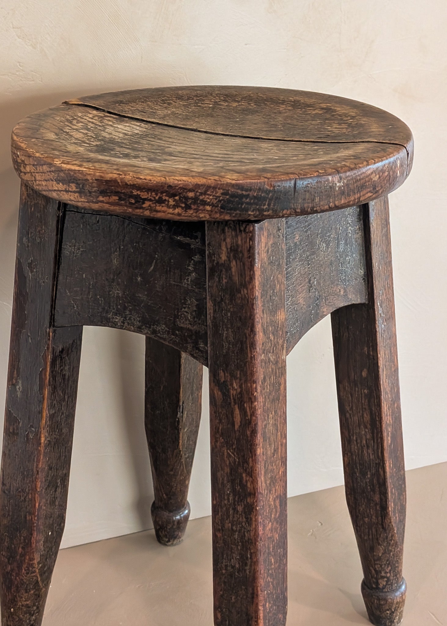 Heavily Patinated Antique Arts and Crafts Mission-Style Wooden Stool
