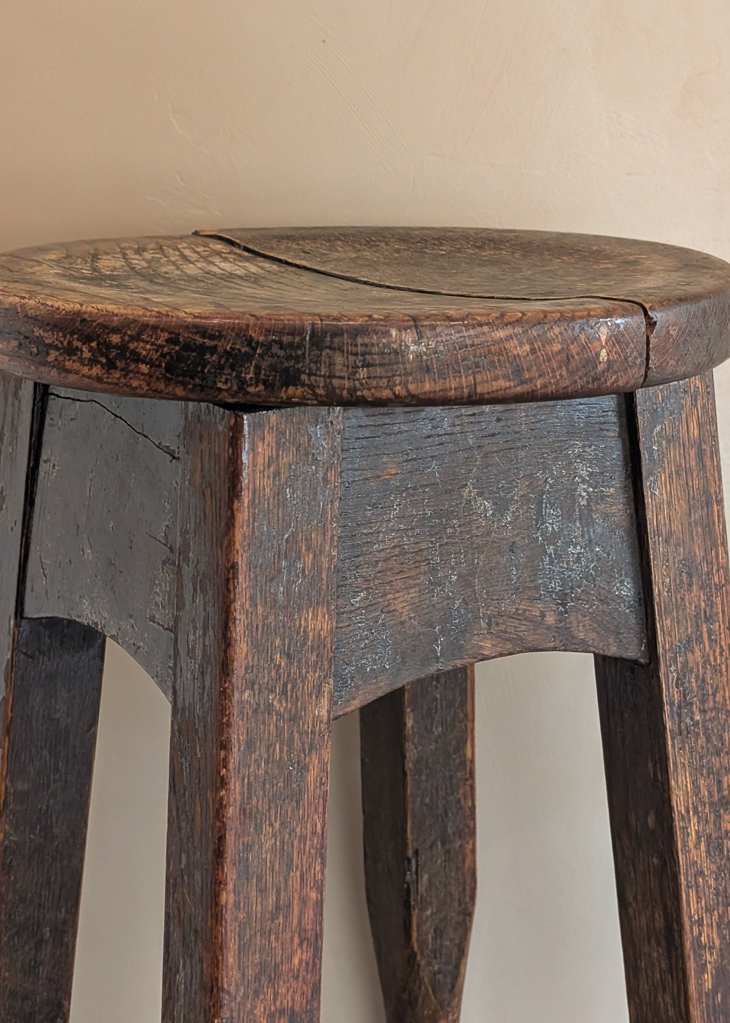 Heavily Patinated Antique Arts and Crafts Mission-Style Wooden Stool