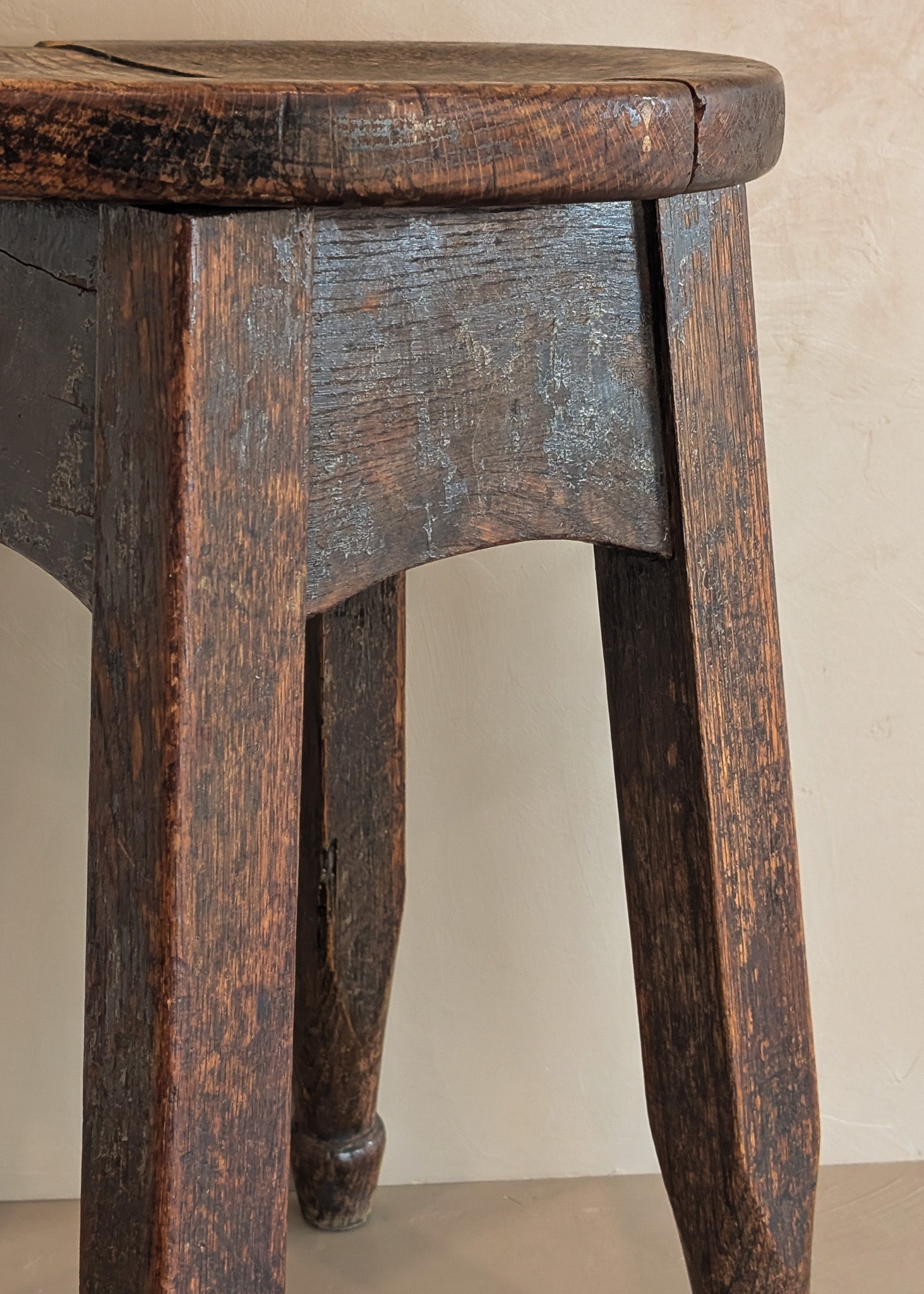 Heavily Patinated Antique Arts and Crafts Mission-Style Wooden Stool