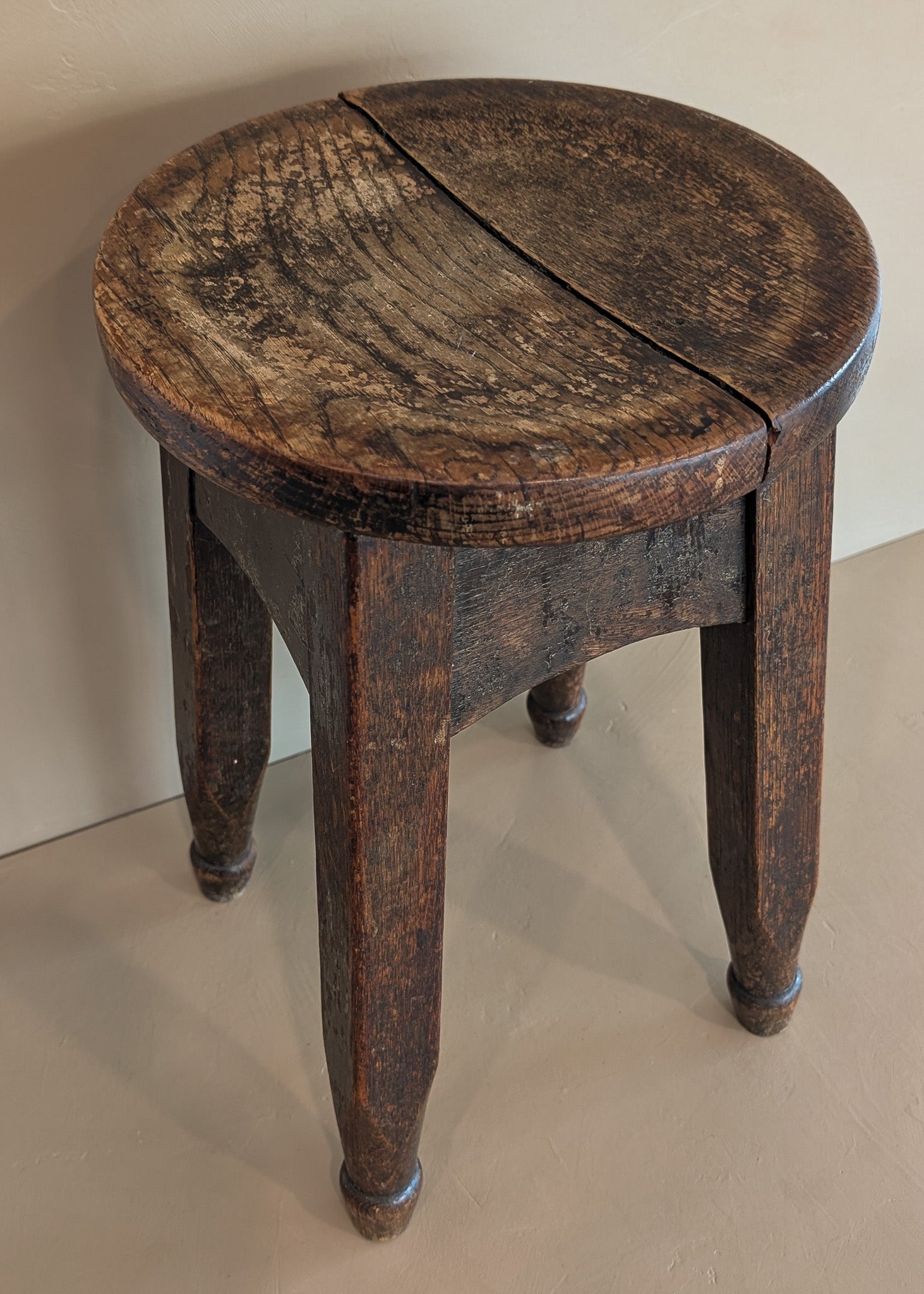 Heavily Patinated Antique Arts and Crafts Mission-Style Wooden Stool