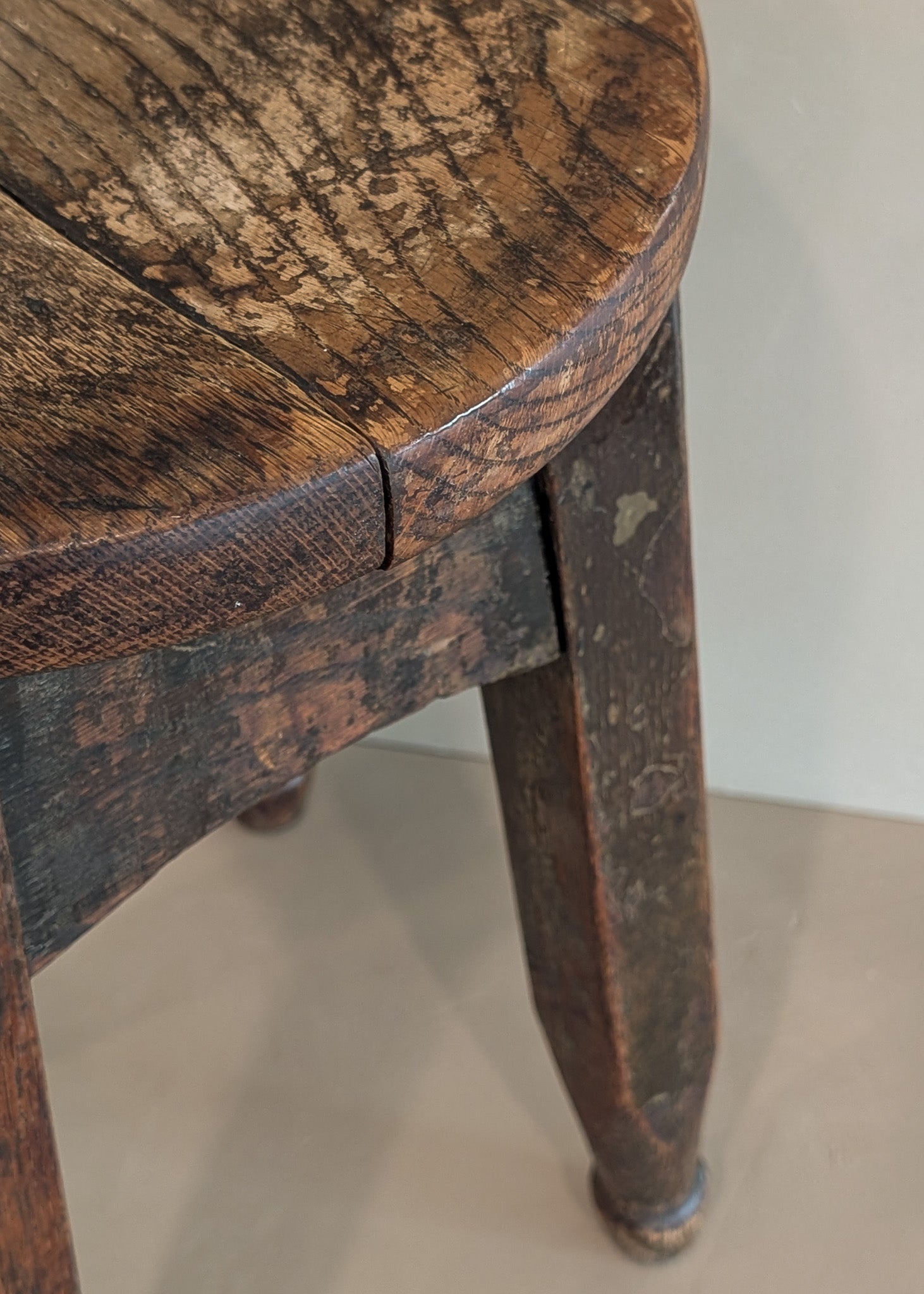 Heavily Patinated Antique Arts and Crafts Mission-Style Wooden Stool