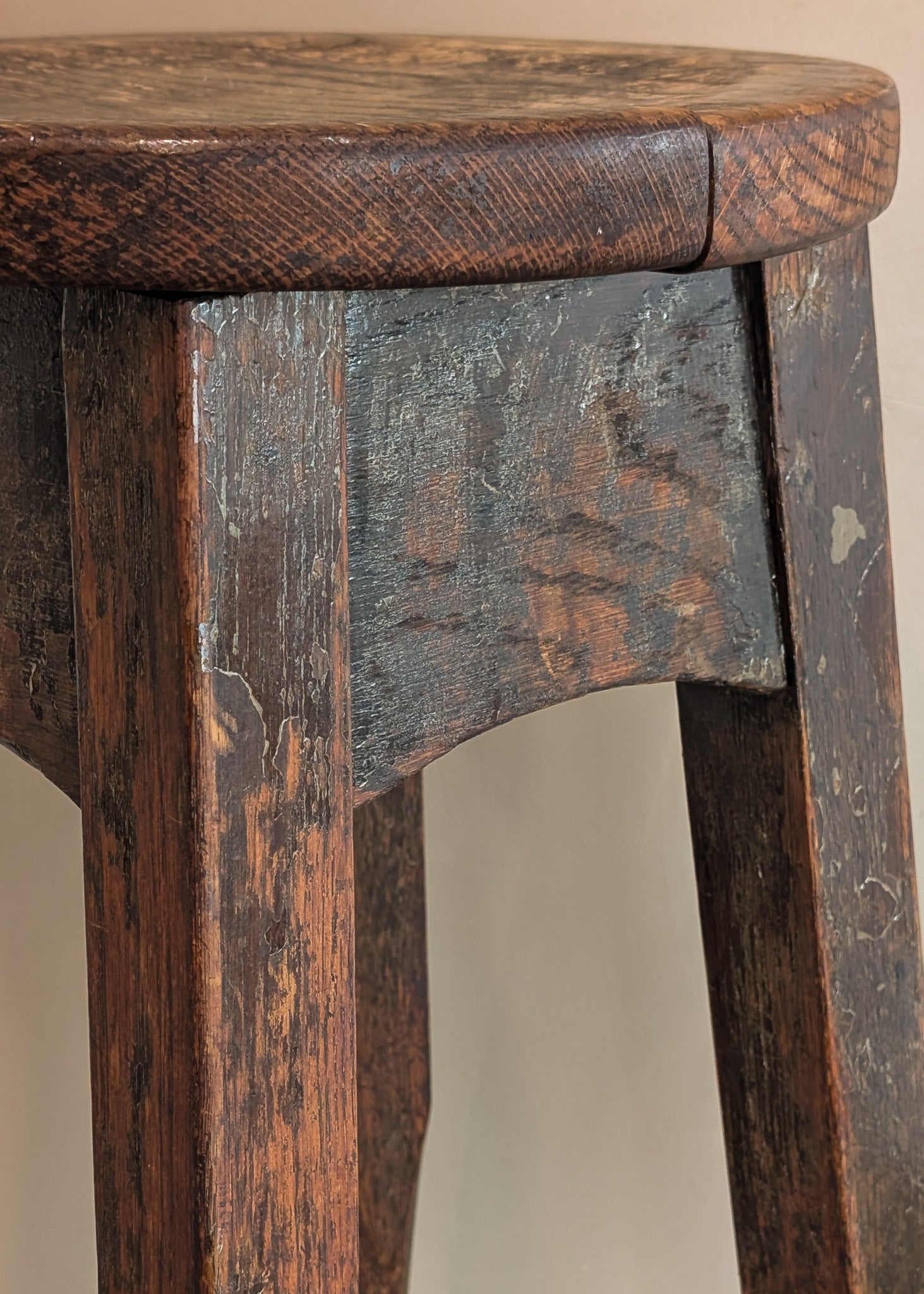 Heavily Patinated Antique Arts and Crafts Mission-Style Wooden Stool