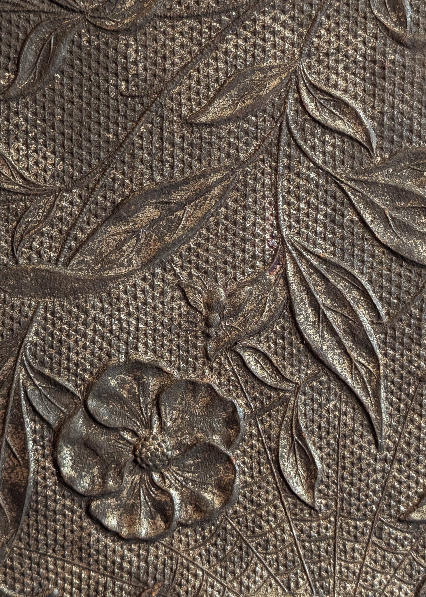 Antique Wooden Mirror with Unique Textural Flora and Fauna Backing and Hanging Chain