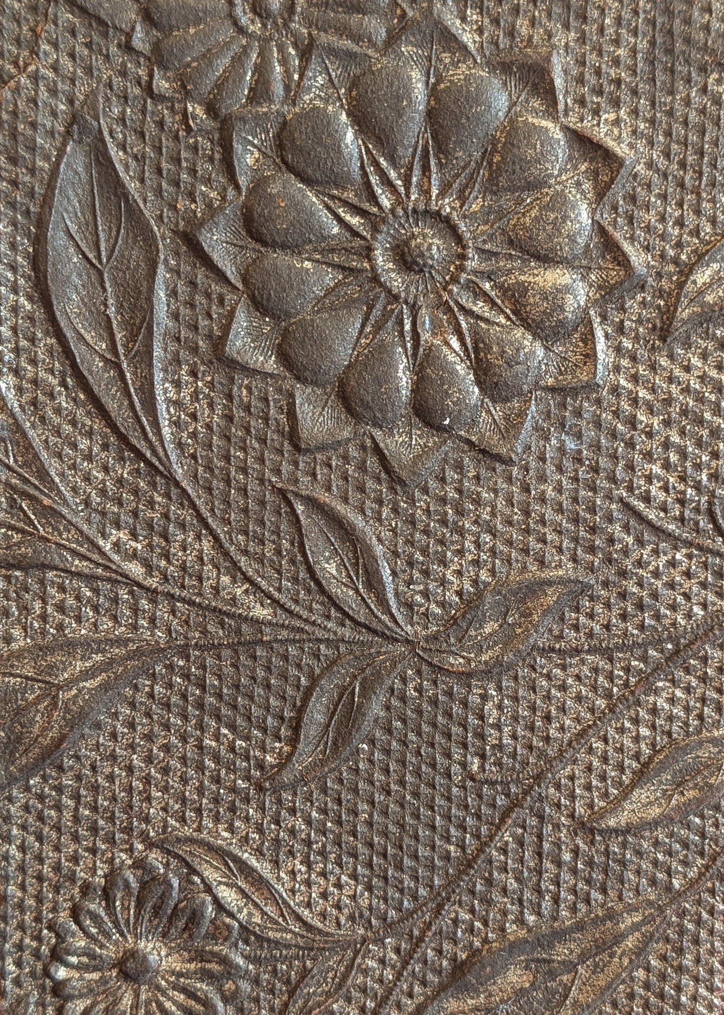 Antique Wooden Mirror with Unique Textural Flora and Fauna Backing and Hanging Chain