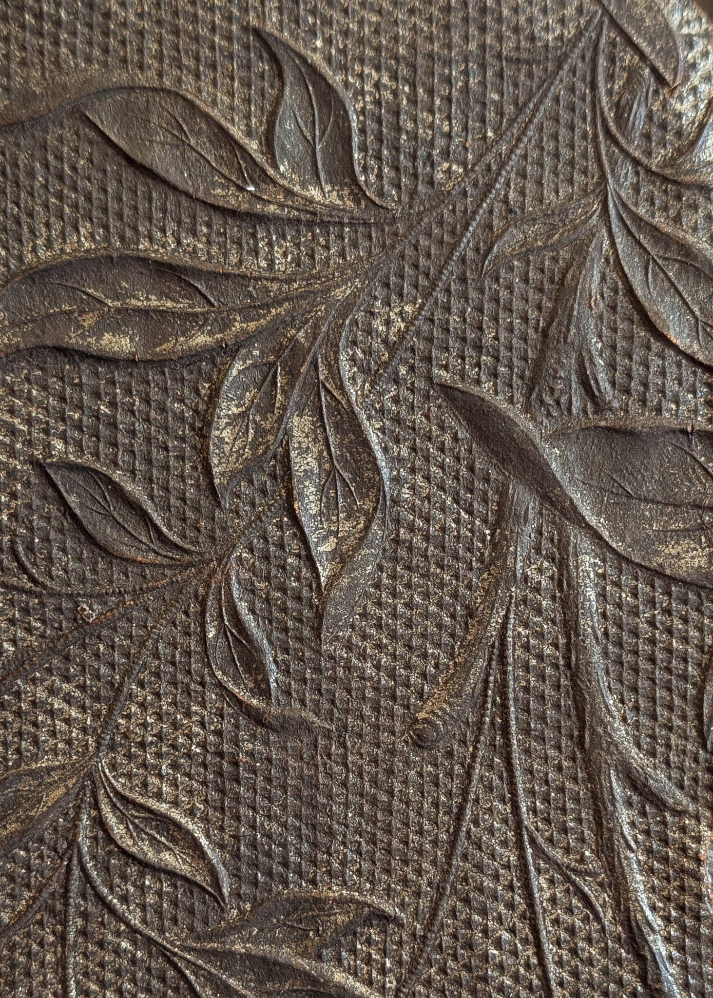 Antique Wooden Mirror with Unique Textural Flora and Fauna Backing and Hanging Chain