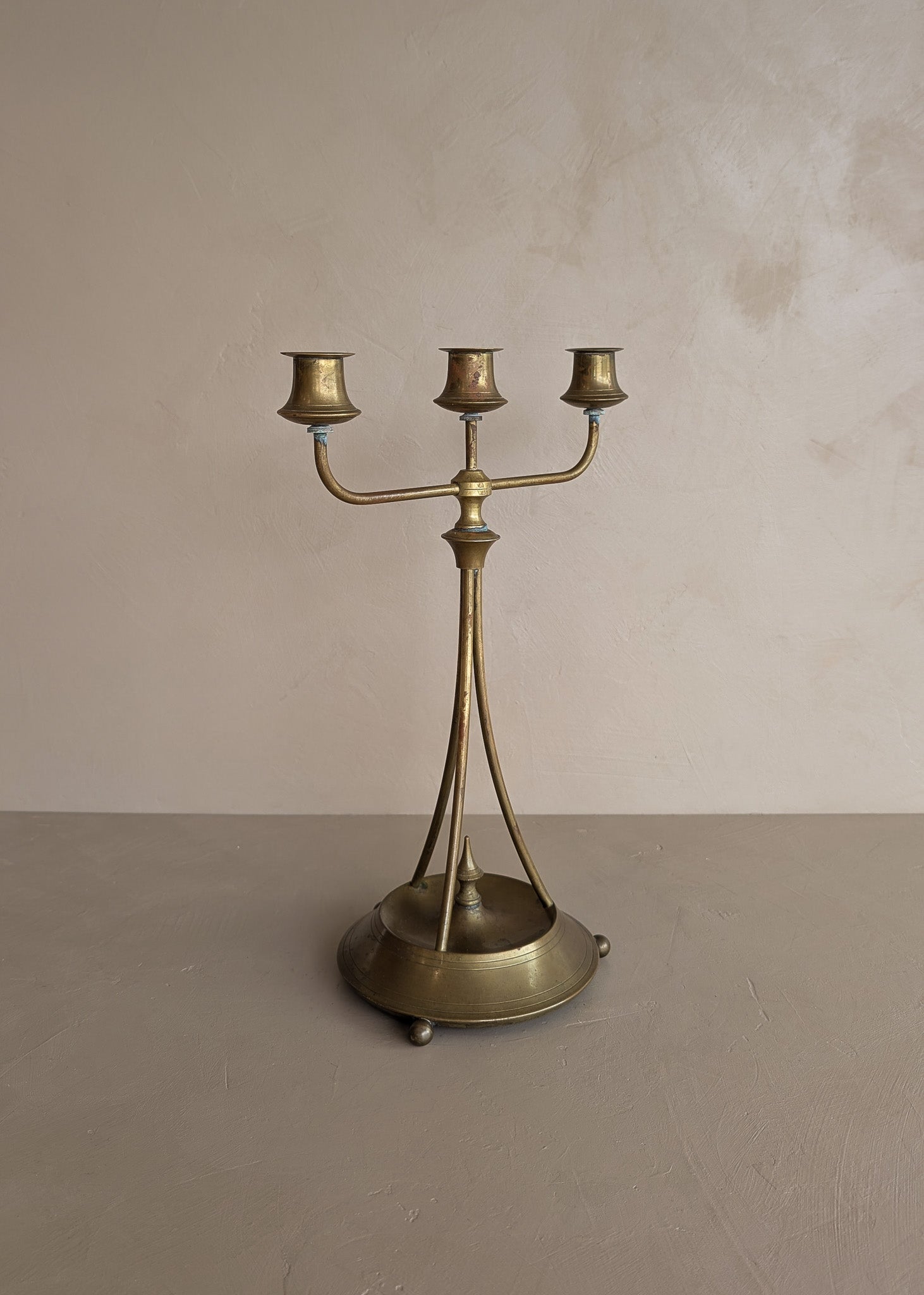 Antique Swedish Oscar Nilsson Brass Art Nouveau-Style Three-Arm Candelabra with Ball Feet