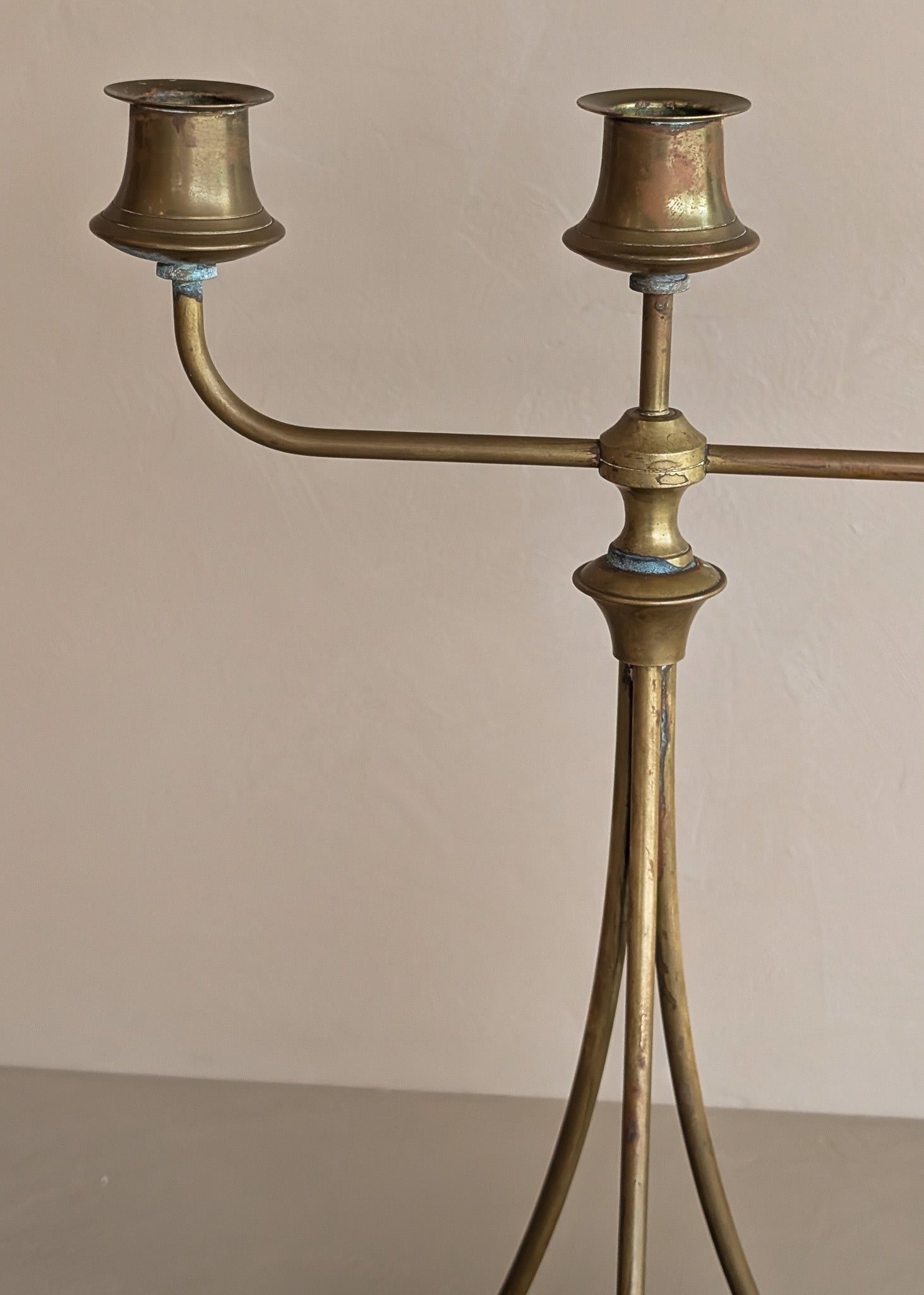 Antique Swedish Oscar Nilsson Brass Art Nouveau-Style Three-Arm Candelabra with Ball Feet