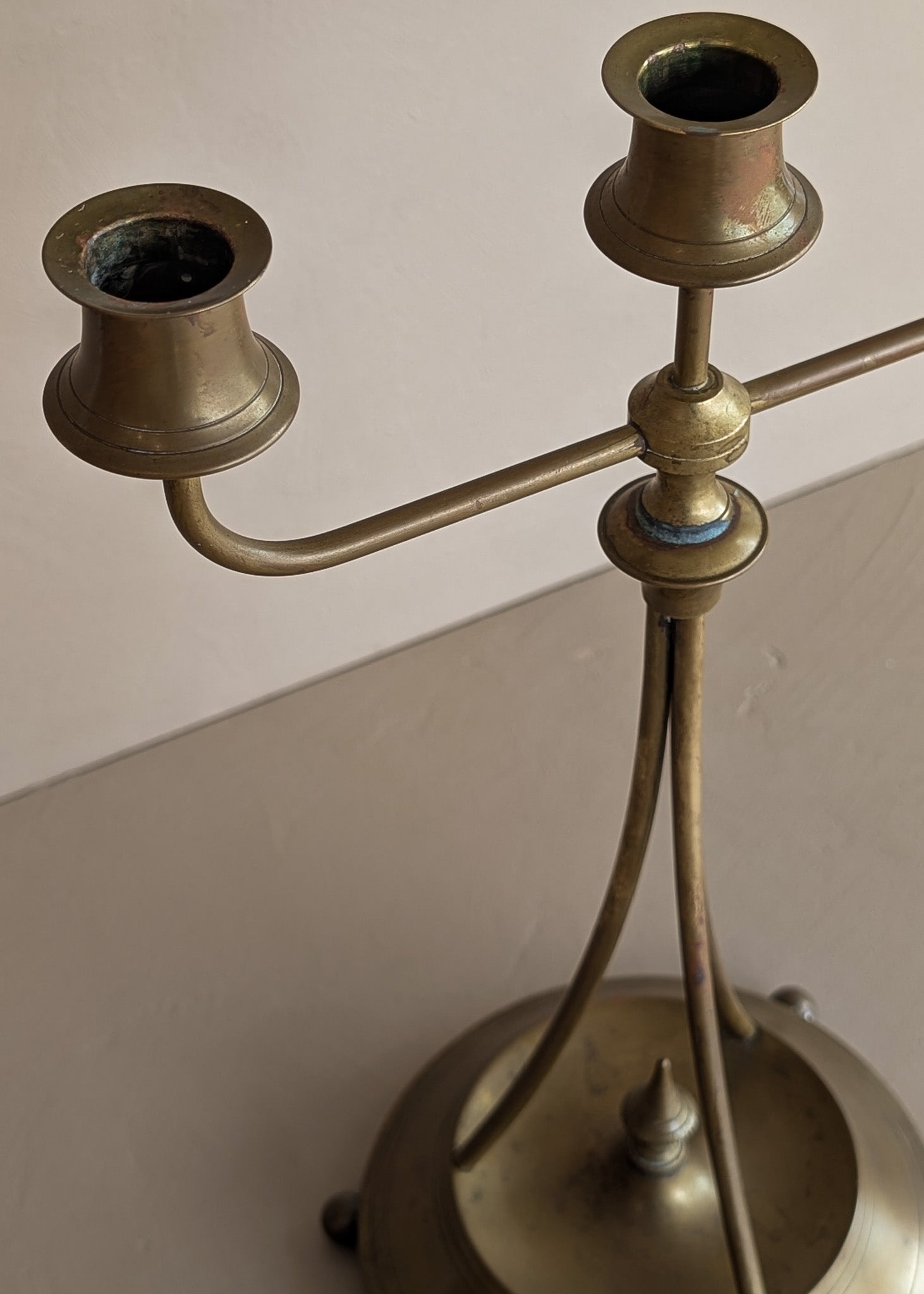 Antique Swedish Oscar Nilsson Brass Art Nouveau-Style Three-Arm Candelabra with Ball Feet