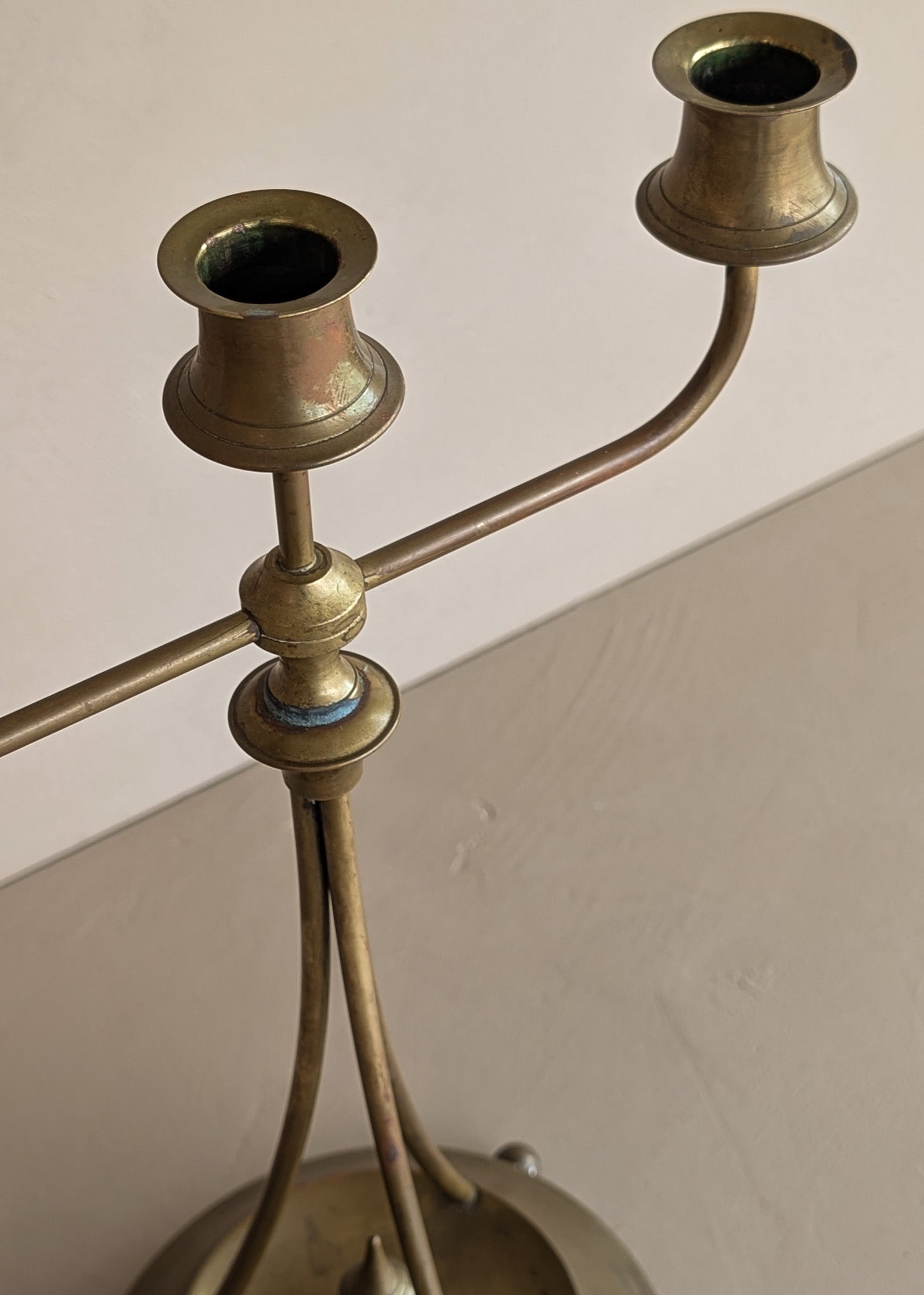 Antique Swedish Oscar Nilsson Brass Art Nouveau-Style Three-Arm Candelabra with Ball Feet