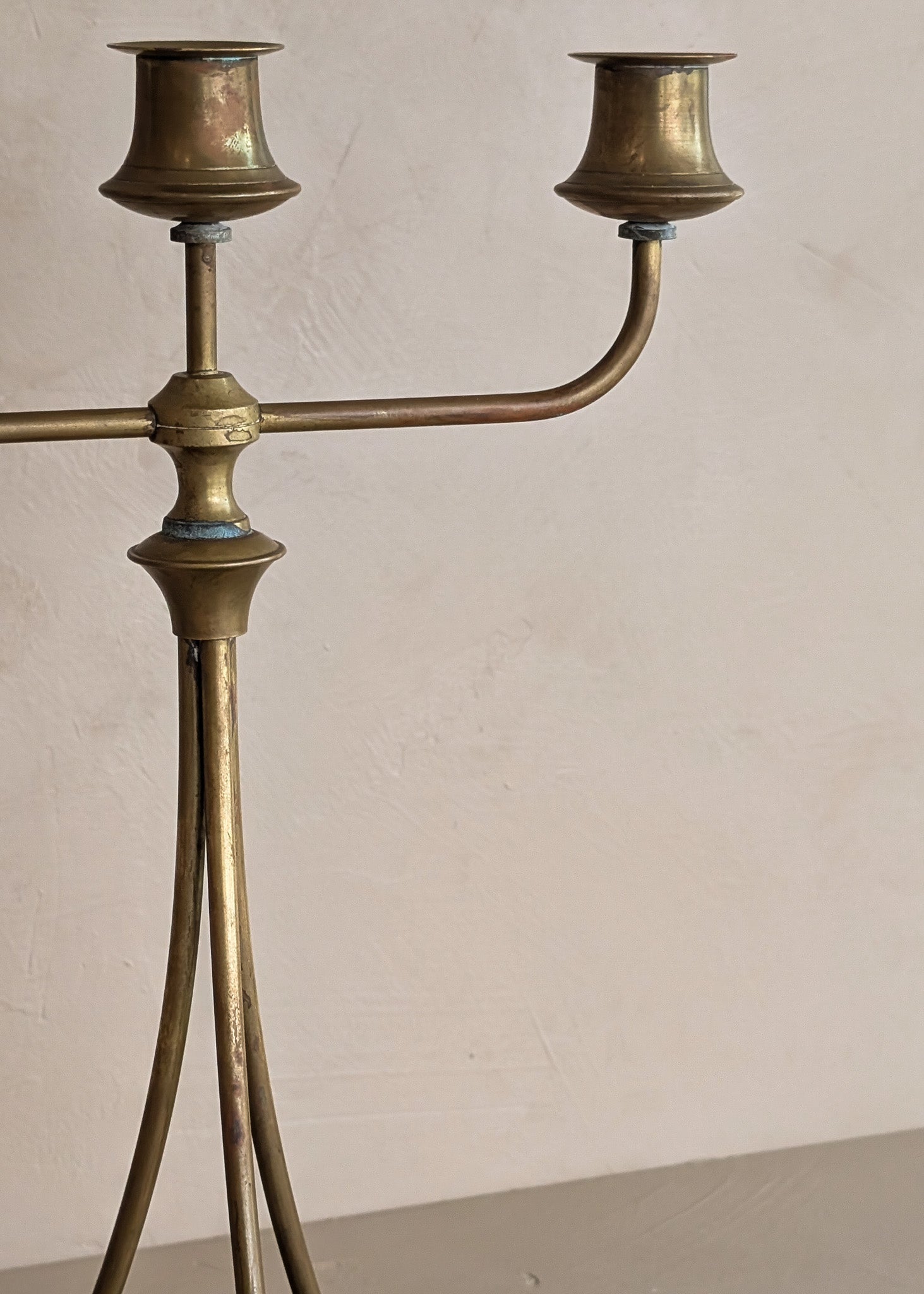 Antique Swedish Oscar Nilsson Brass Art Nouveau-Style Three-Arm Candelabra with Ball Feet