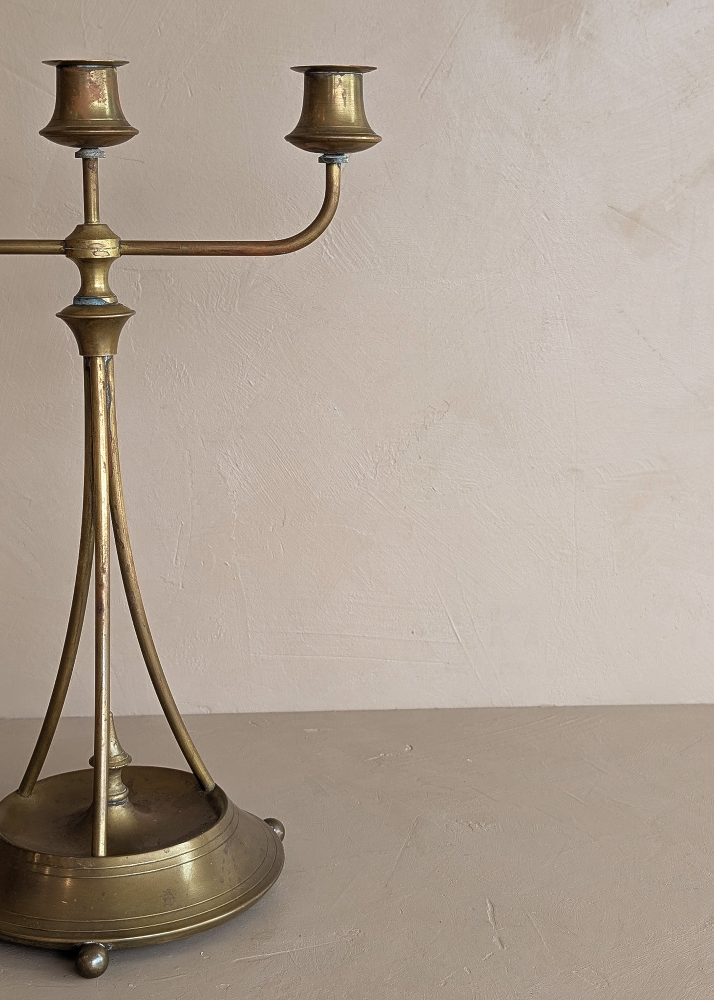 Antique Swedish Oscar Nilsson Brass Art Nouveau-Style Three-Arm Candelabra with Ball Feet