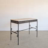 Antique French Marble-Top Console Table with Wrought Iron Base and Quatrefoil Apron and Scroll Detailing