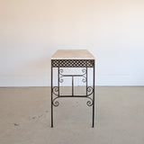 Antique French Marble-Top Console Table with Wrought Iron Base and Quatrefoil Apron and Scroll Detailing