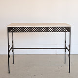 Antique French Marble-Top Console Table with Wrought Iron Base and Quatrefoil Apron and Scroll Detailing