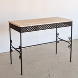 Antique French Marble-Top Console Table with Wrought Iron Base and Quatrefoil Apron and Scroll Detailing