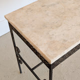 Antique French Marble-Top Console Table with Wrought Iron Base and Quatrefoil Apron and Scroll Detailing