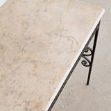 Antique French Marble-Top Console Table with Wrought Iron Base and Quatrefoil Apron and Scroll Detailing