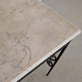 Antique French Marble-Top Console Table with Wrought Iron Base and Quatrefoil Apron and Scroll Detailing