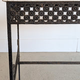 Antique French Marble-Top Console Table with Wrought Iron Base and Quatrefoil Apron and Scroll Detailing