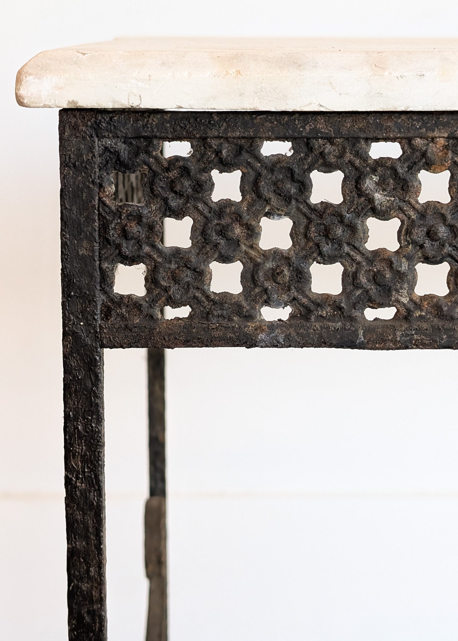 Antique French Marble-Top Console Table with Wrought Iron Base and Quatrefoil Apron and Scroll Detailing