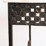 Antique French Marble-Top Console Table with Wrought Iron Base and Quatrefoil Apron and Scroll Detailing