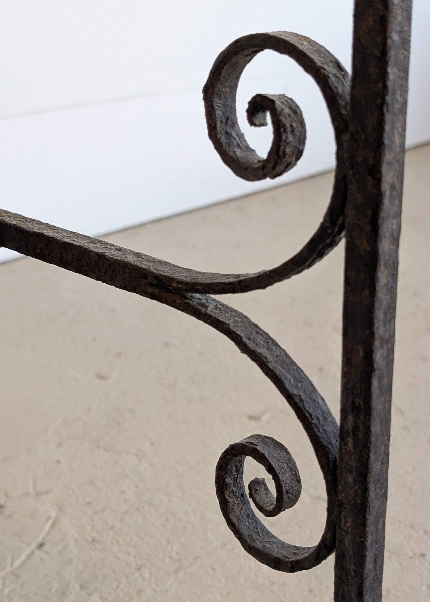 Antique French Marble-Top Console Table with Wrought Iron Base and Quatrefoil Apron and Scroll Detailing