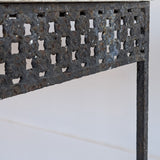 Antique French Marble-Top Console Table with Wrought Iron Base and Quatrefoil Apron and Scroll Detailing